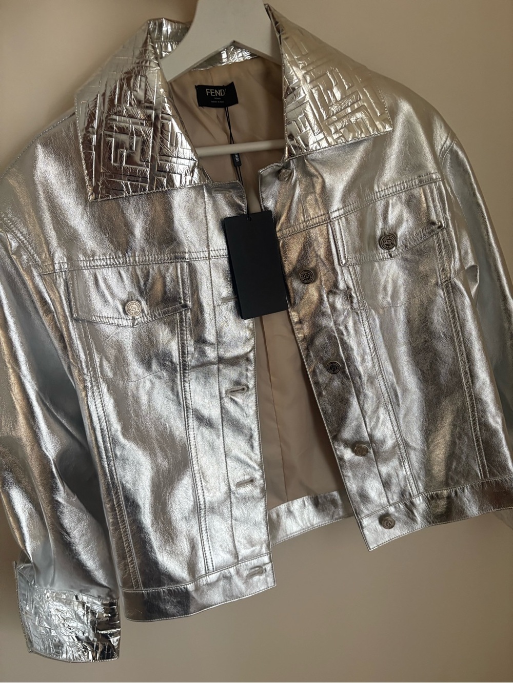 Fendi Silver Metallic Cropped Jean Jacket